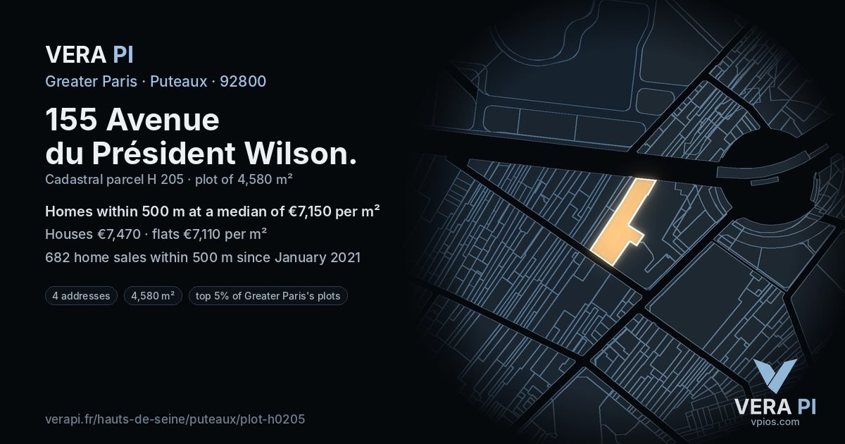 155 Avenue du Président Wilson, Puteaux at night – the plot lit, the parcels around coloured by the prices near them