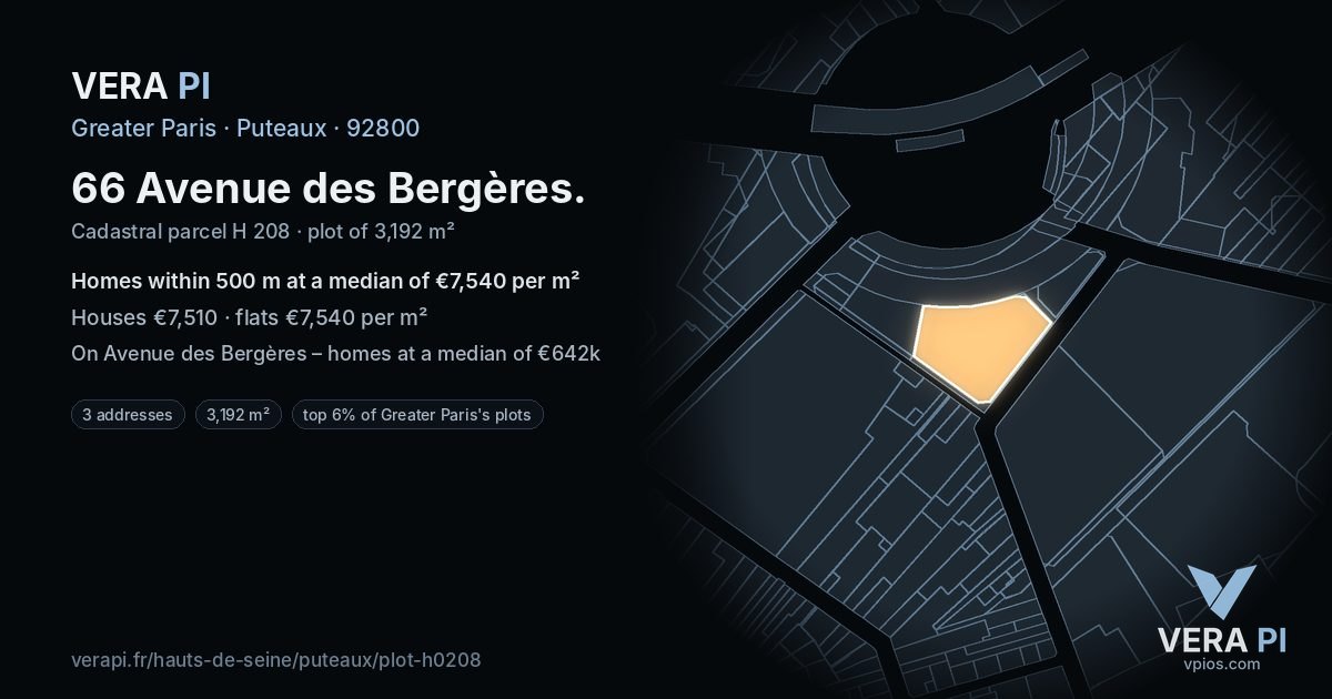 66 Avenue des Bergères, Puteaux at night – the plot lit, the parcels around coloured by the prices near them