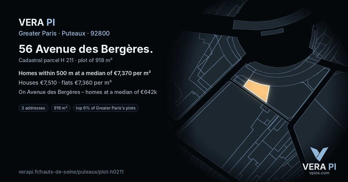 56 Avenue des Bergères, Puteaux at night – the plot lit, the parcels around coloured by the prices near them