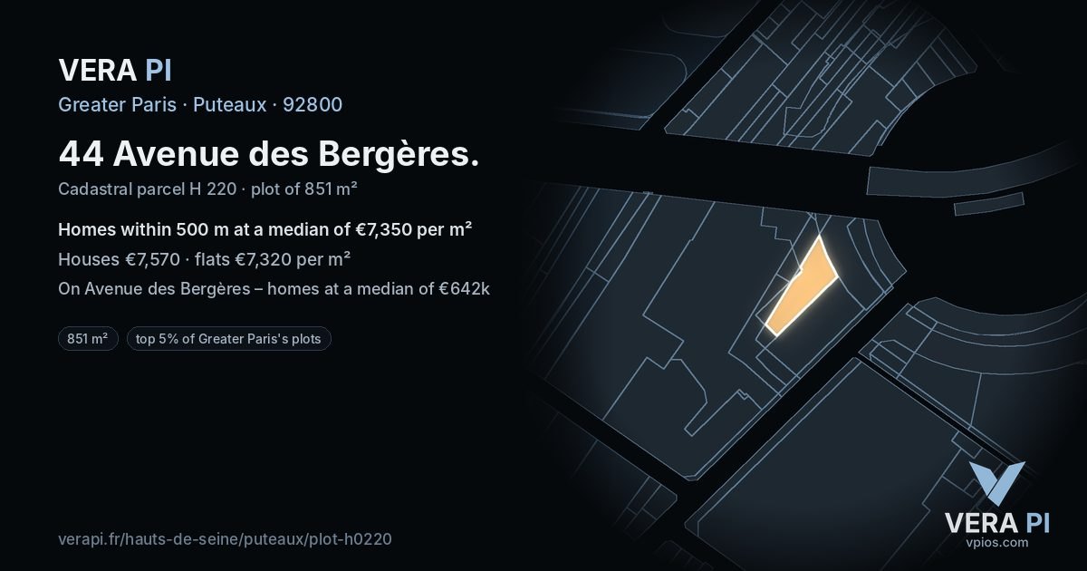 44 Avenue des Bergères, Puteaux at night – the plot lit, the parcels around coloured by the prices near them