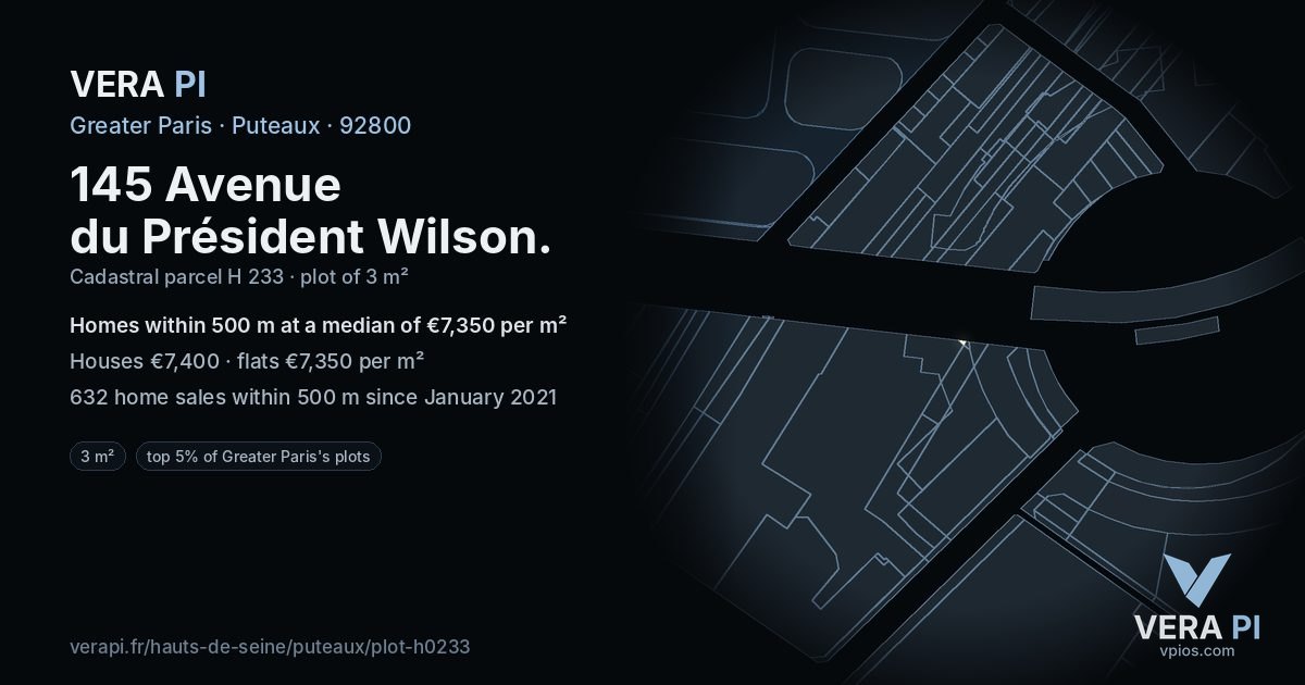 145 Avenue du Président Wilson, Puteaux at night – the plot lit, the parcels around coloured by the prices near them