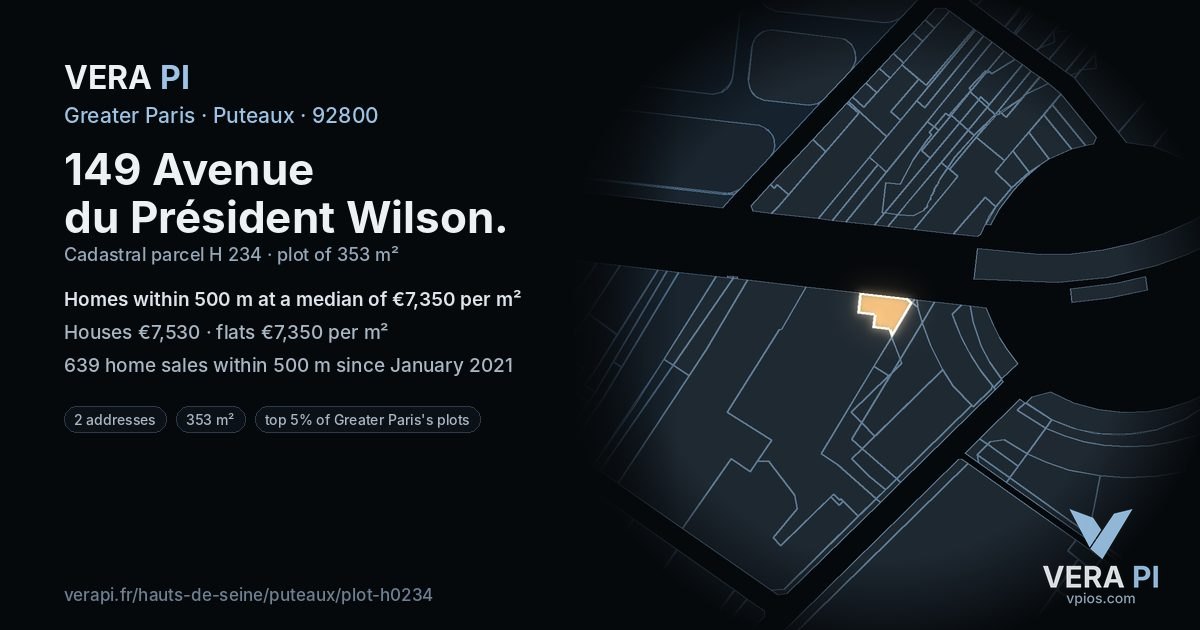 149 Avenue du Président Wilson, Puteaux at night – the plot lit, the parcels around coloured by the prices near them