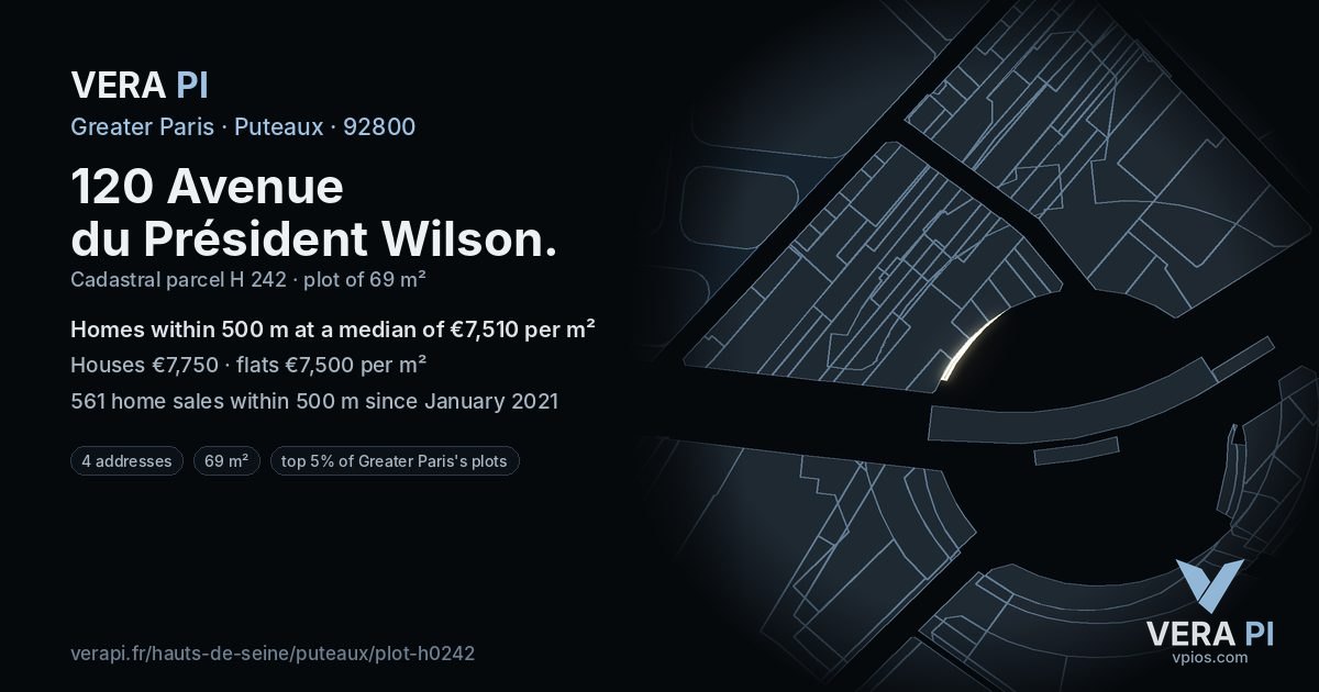 120 Avenue du Président Wilson, Puteaux at night – the plot lit, the parcels around coloured by the prices near them