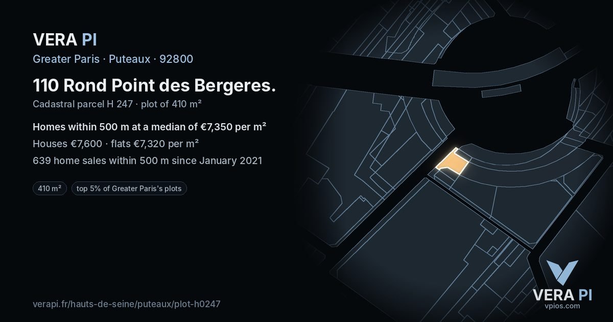 110 Rond Point des Bergeres, Puteaux at night – the plot lit, the parcels around coloured by the prices near them