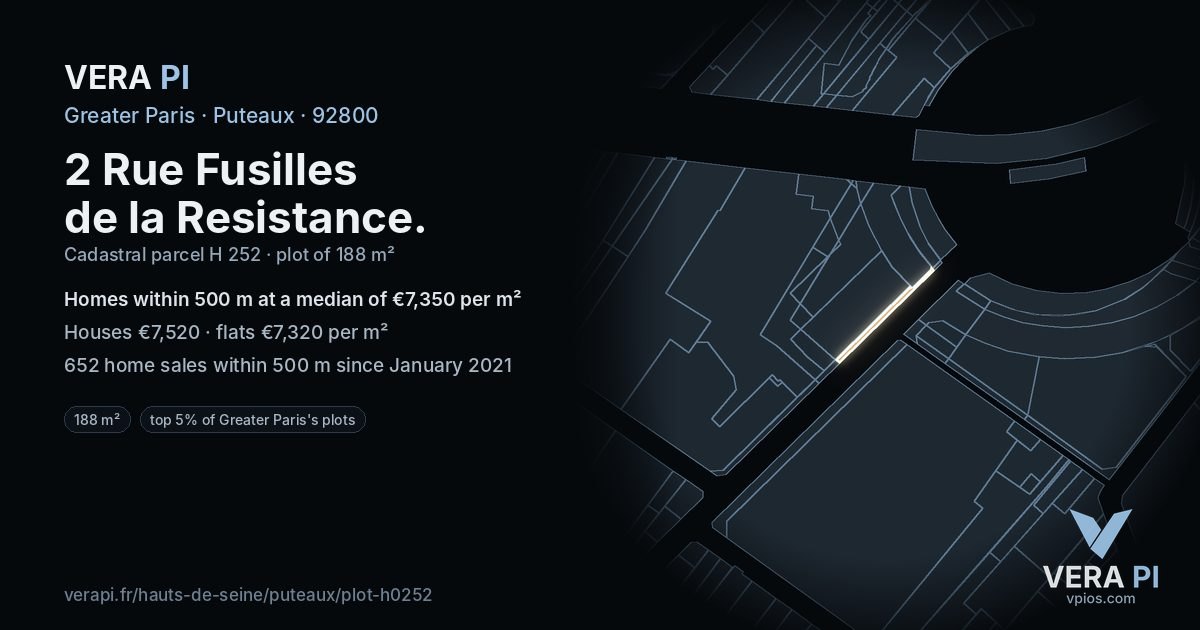 2 Rue Fusilles de la Resistance, Puteaux at night – the plot lit, the parcels around coloured by the prices near them