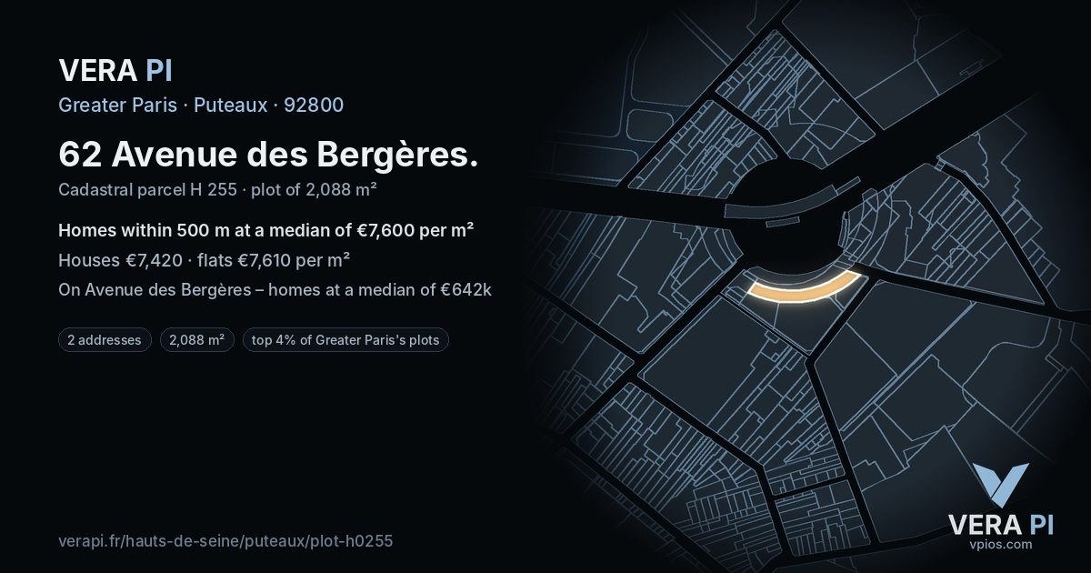 62 Avenue des Bergères, Puteaux at night – the plot lit, the parcels around coloured by the prices near them