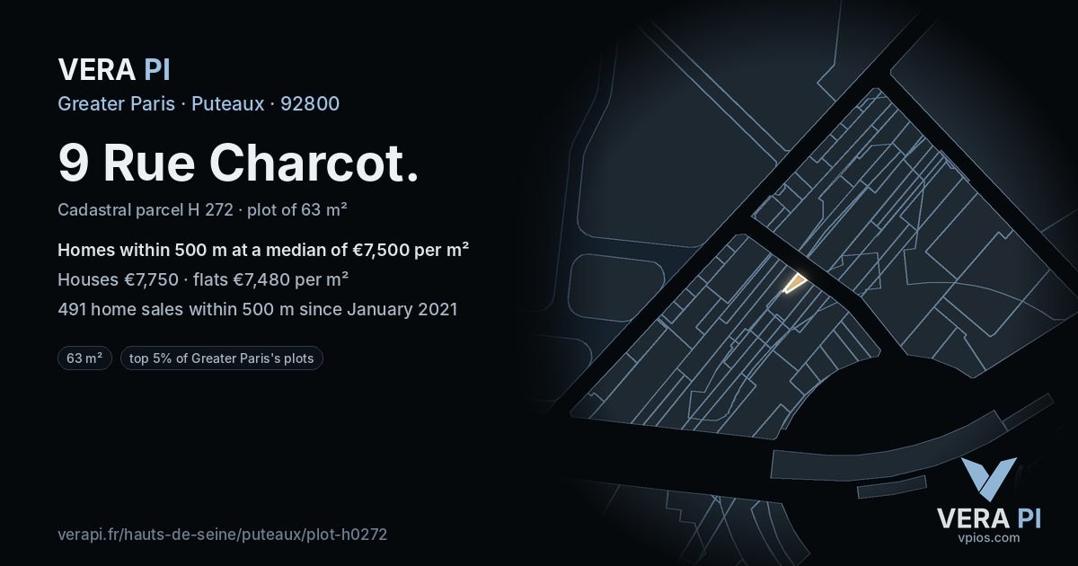9 Rue Charcot, Puteaux at night – the plot lit, the parcels around coloured by the prices near them