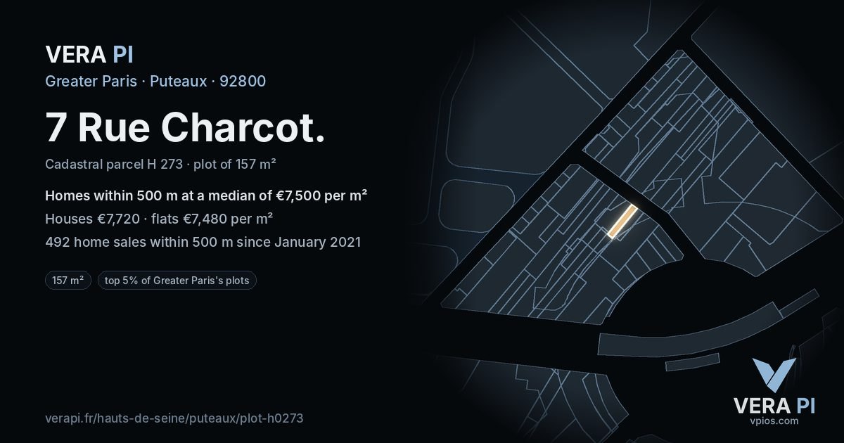 7 Rue Charcot, Puteaux at night – the plot lit, the parcels around coloured by the prices near them