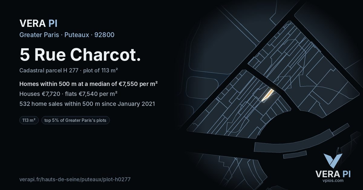 5 Rue Charcot, Puteaux at night – the plot lit, the parcels around coloured by the prices near them