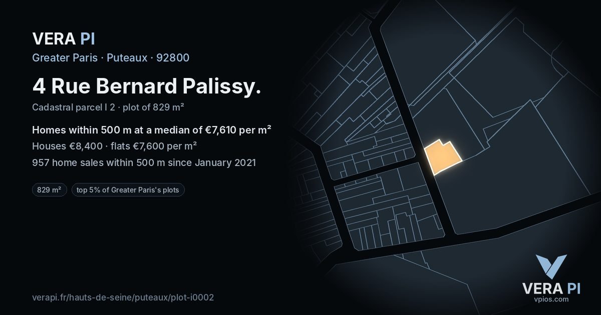 4 Rue Bernard Palissy, Puteaux at night – the plot lit, the parcels around coloured by the prices near them