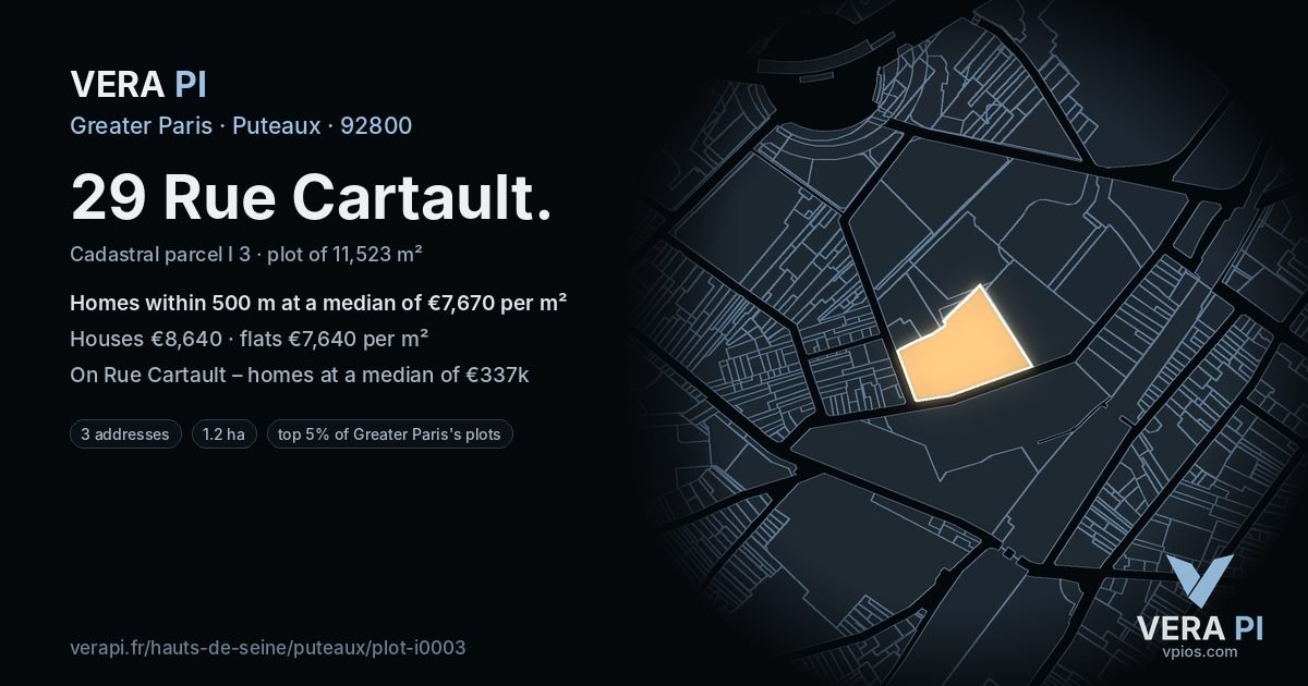 29 Rue Cartault, Puteaux at night – the plot lit, the parcels around coloured by the prices near them