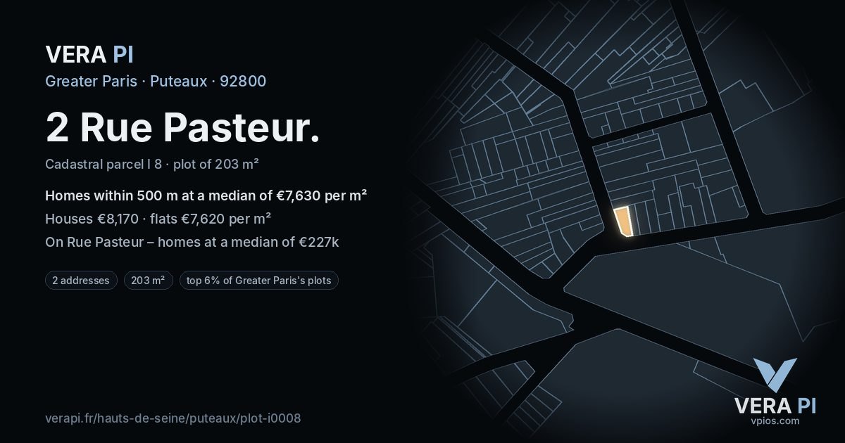 2 Rue Pasteur, Puteaux at night – the plot lit, the parcels around coloured by the prices near them