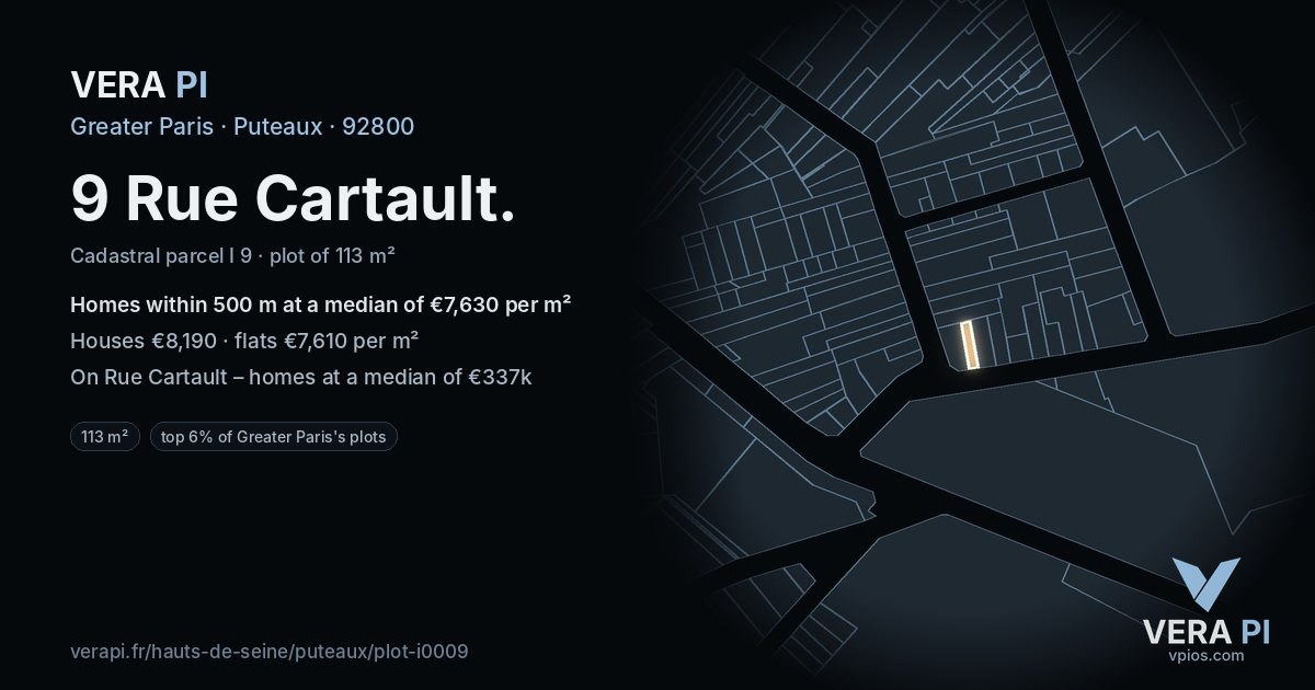 9 Rue Cartault, Puteaux at night – the plot lit, the parcels around coloured by the prices near them