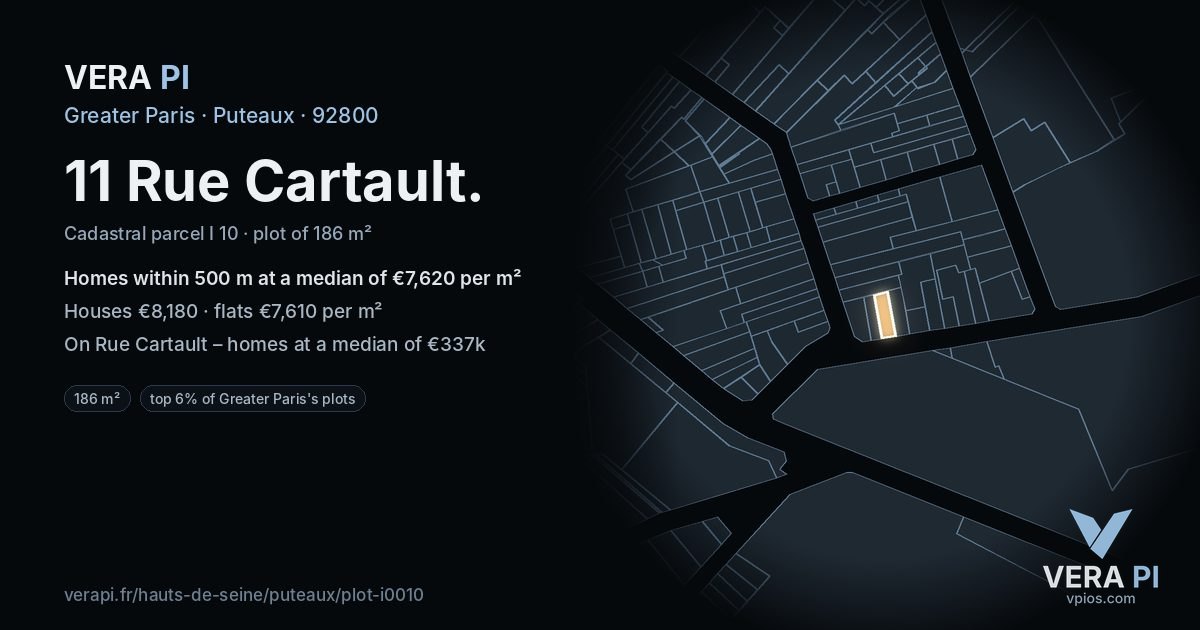 11 Rue Cartault, Puteaux at night – the plot lit, the parcels around coloured by the prices near them