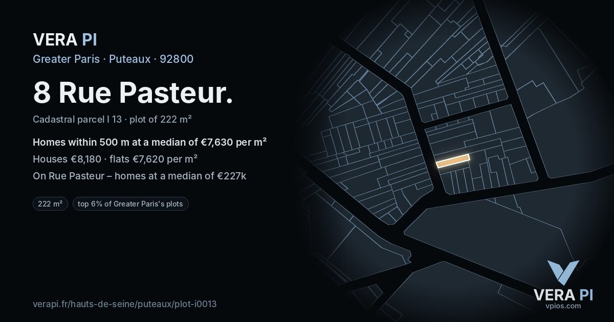 8 Rue Pasteur, Puteaux at night – the plot lit, the parcels around coloured by the prices near them