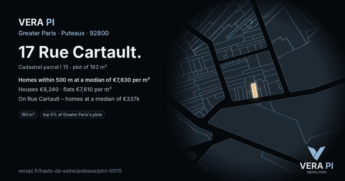 17 Rue Cartault, Puteaux at night – the plot lit, the parcels around coloured by the prices near them