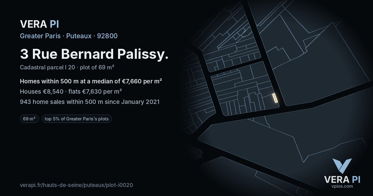 3 Rue Bernard Palissy, Puteaux at night – the plot lit, the parcels around coloured by the prices near them