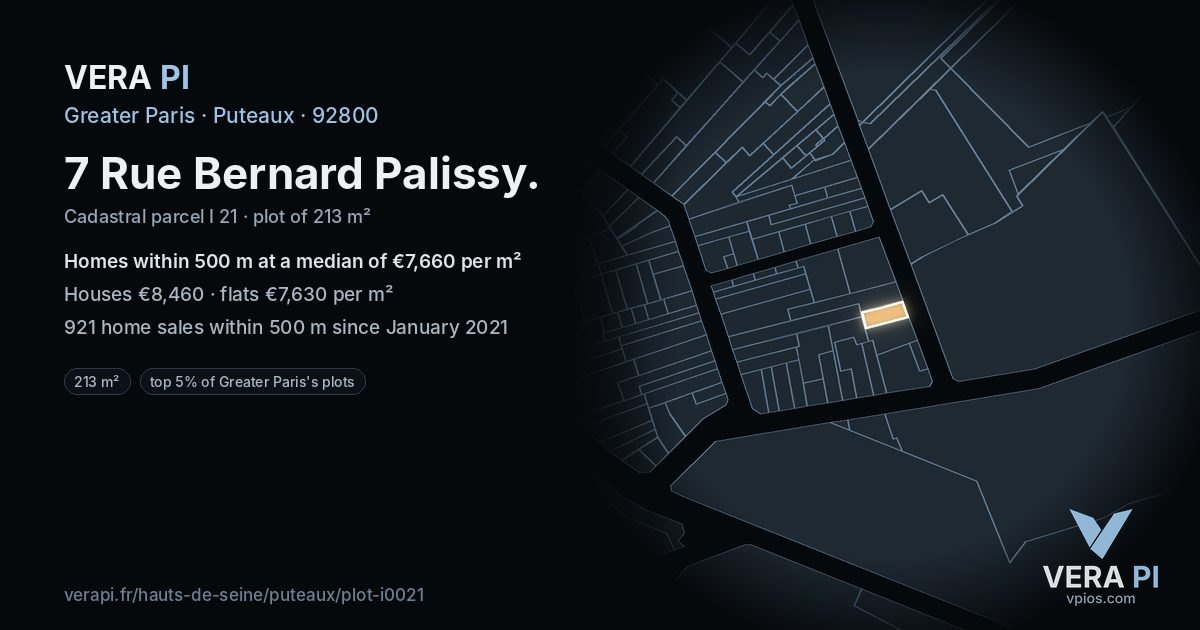 7 Rue Bernard Palissy, Puteaux at night – the plot lit, the parcels around coloured by the prices near them