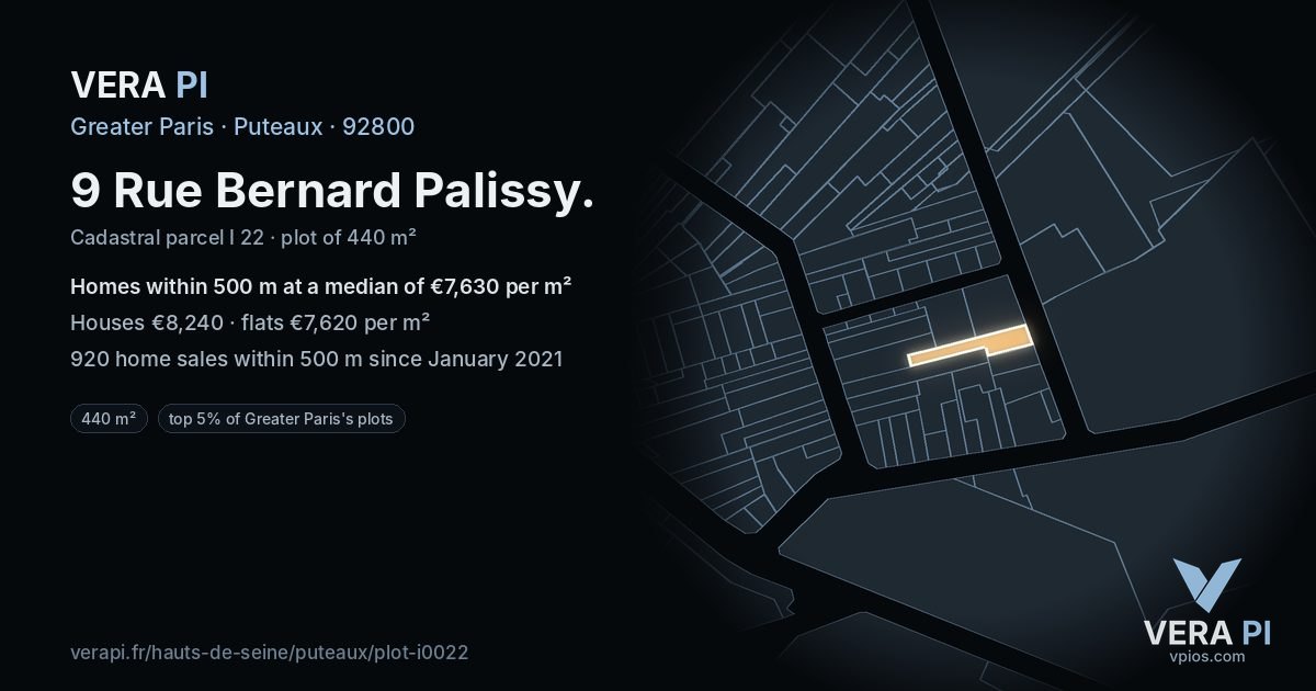 9 Rue Bernard Palissy, Puteaux at night – the plot lit, the parcels around coloured by the prices near them