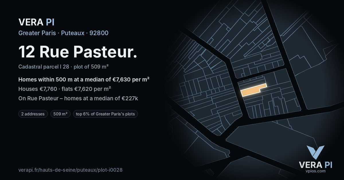 12 Rue Pasteur, Puteaux at night – the plot lit, the parcels around coloured by the prices near them