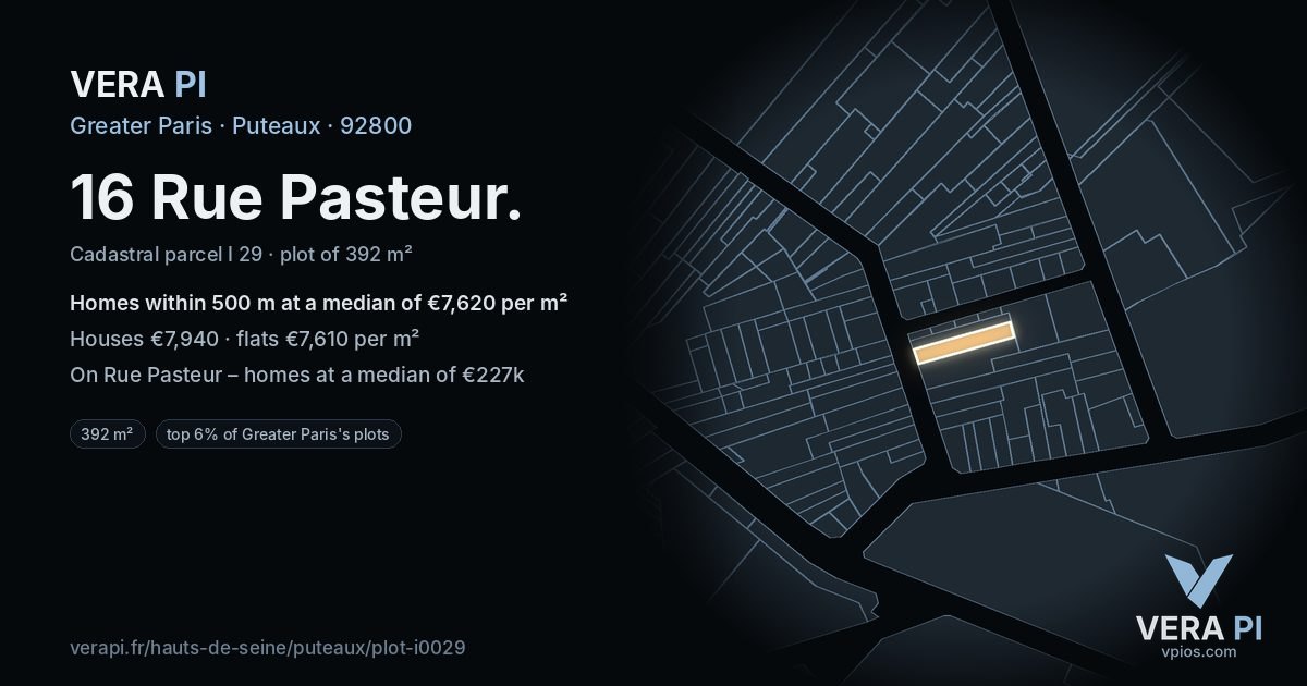 16 Rue Pasteur, Puteaux at night – the plot lit, the parcels around coloured by the prices near them