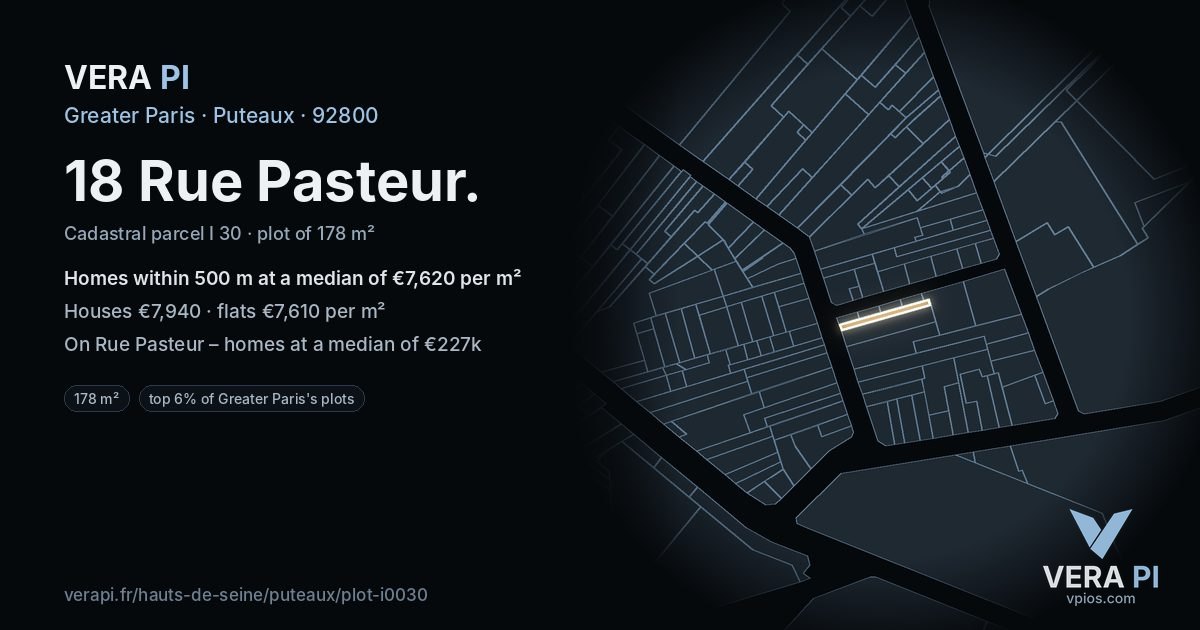 18 Rue Pasteur, Puteaux at night – the plot lit, the parcels around coloured by the prices near them