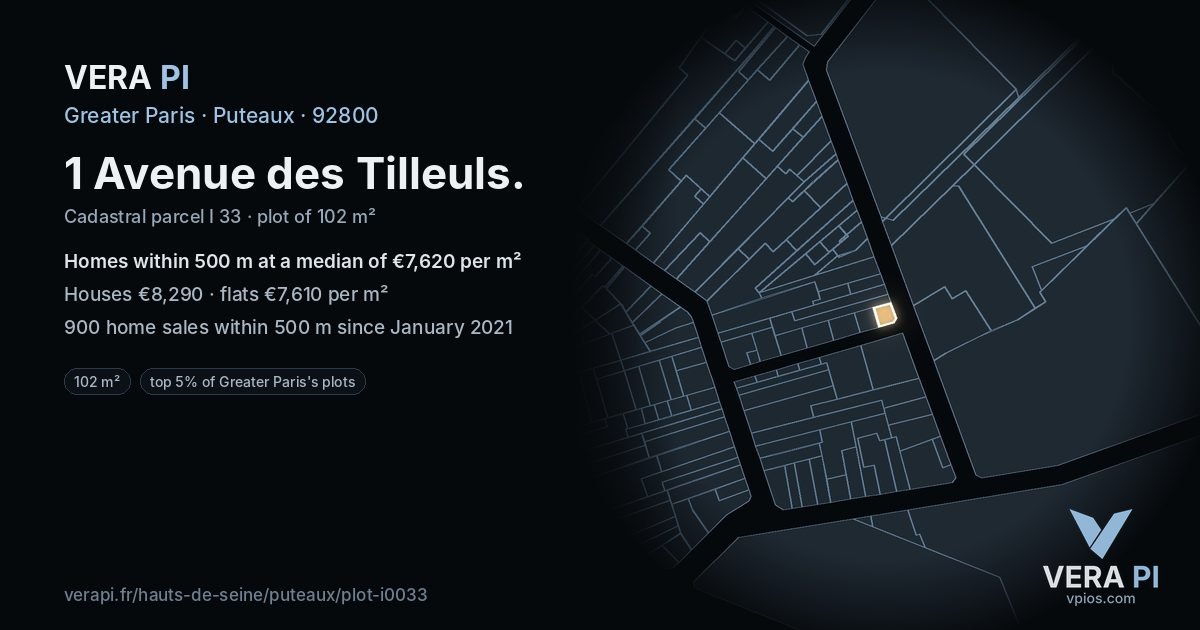 1 Avenue des Tilleuls, Puteaux at night – the plot lit, the parcels around coloured by the prices near them