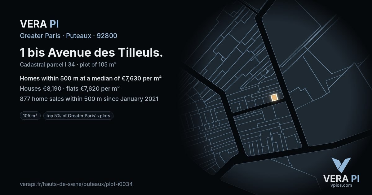 1 bis Avenue des Tilleuls, Puteaux at night – the plot lit, the parcels around coloured by the prices near them