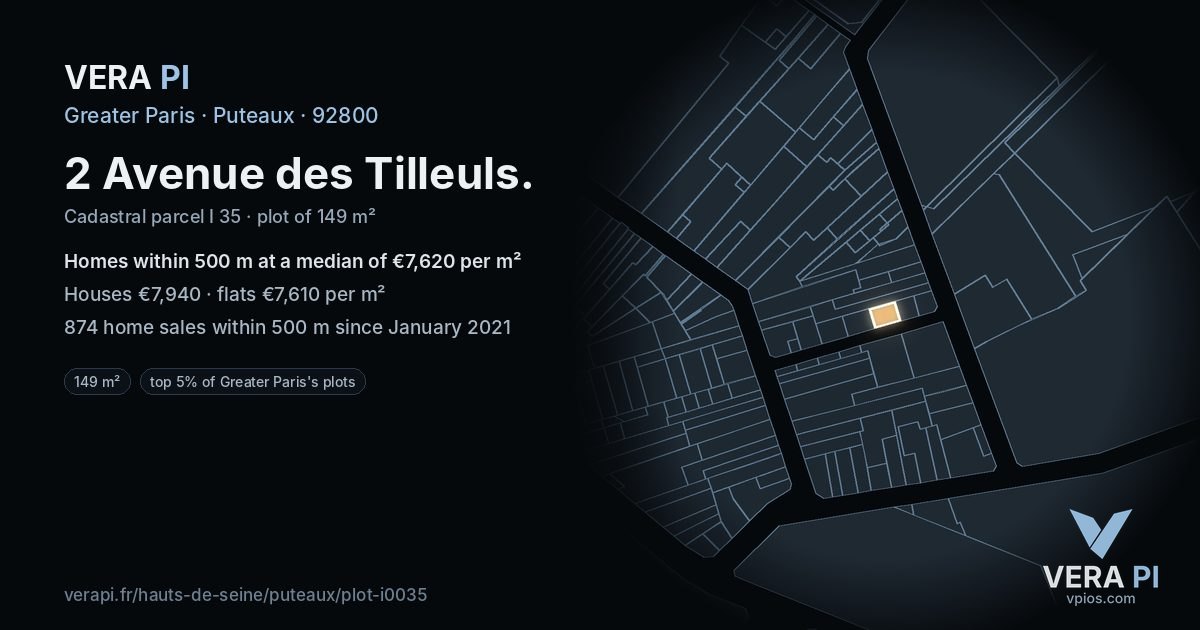 2 Avenue des Tilleuls, Puteaux at night – the plot lit, the parcels around coloured by the prices near them