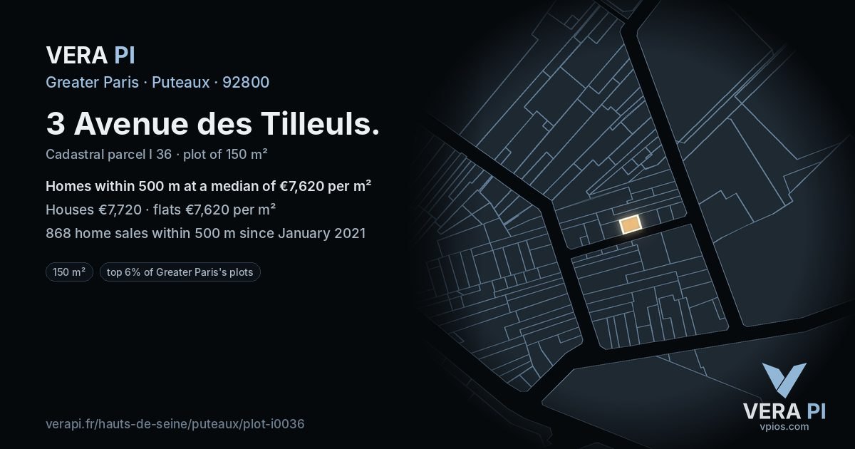 3 Avenue des Tilleuls, Puteaux at night – the plot lit, the parcels around coloured by the prices near them