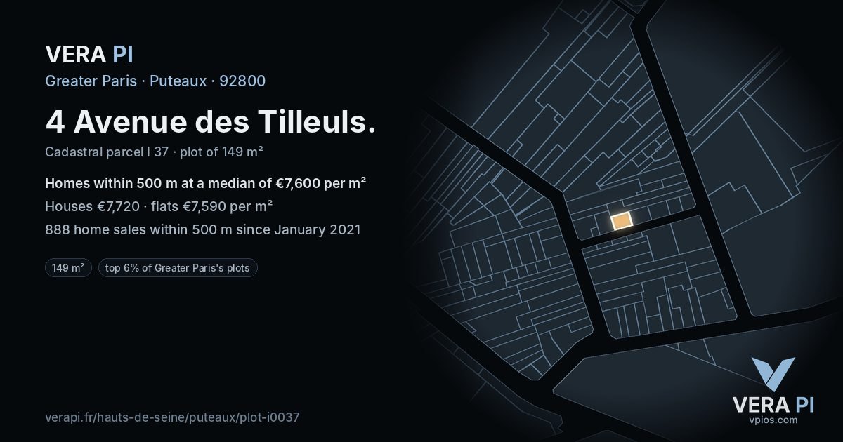 4 Avenue des Tilleuls, Puteaux at night – the plot lit, the parcels around coloured by the prices near them