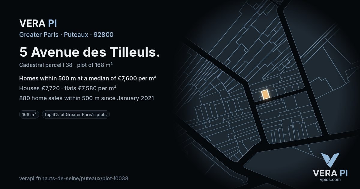 5 Avenue des Tilleuls, Puteaux at night – the plot lit, the parcels around coloured by the prices near them