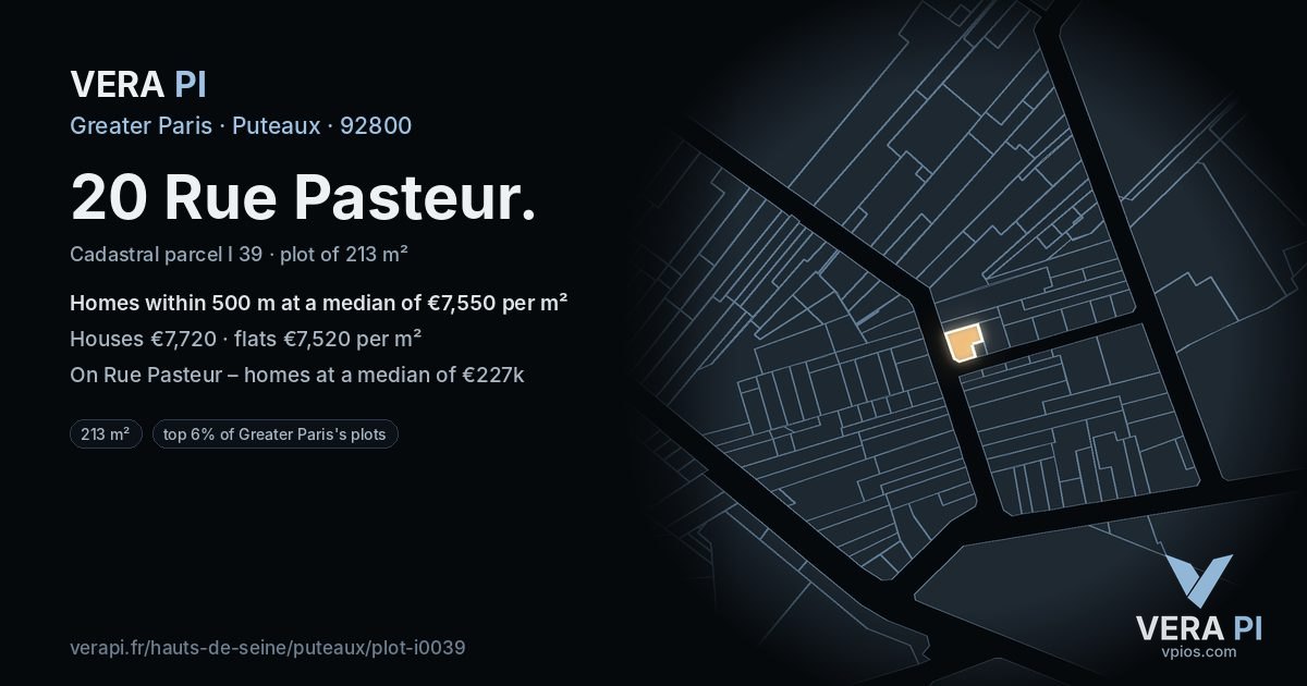 20 Rue Pasteur, Puteaux at night – the plot lit, the parcels around coloured by the prices near them