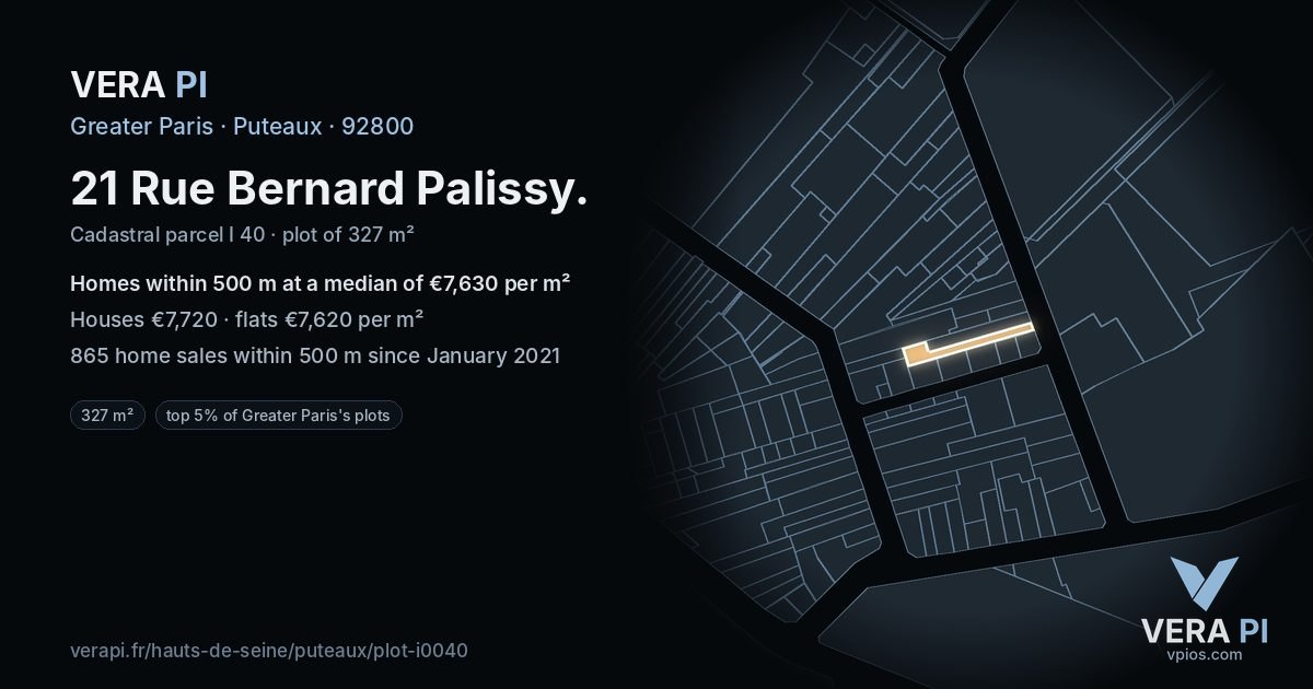21 Rue Bernard Palissy, Puteaux at night – the plot lit, the parcels around coloured by the prices near them