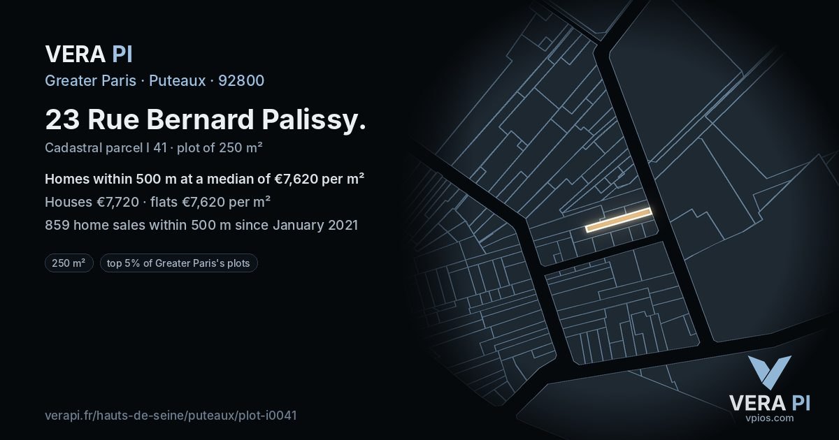 23 Rue Bernard Palissy, Puteaux at night – the plot lit, the parcels around coloured by the prices near them