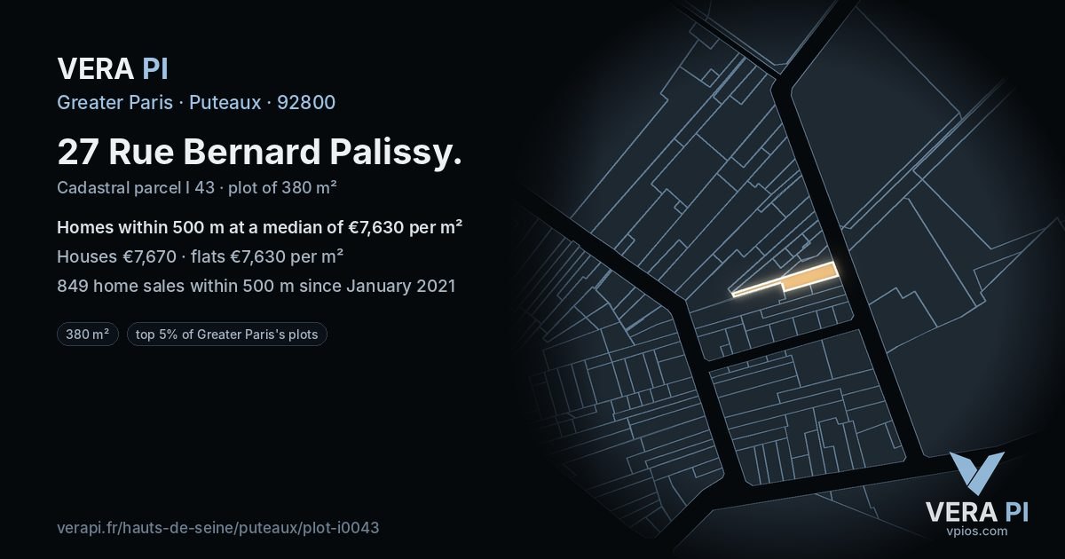 27 Rue Bernard Palissy, Puteaux at night – the plot lit, the parcels around coloured by the prices near them
