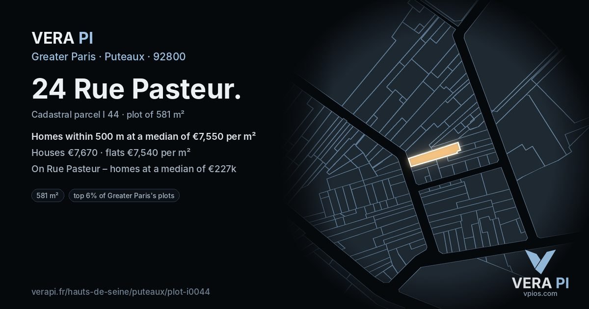 24 Rue Pasteur, Puteaux at night – the plot lit, the parcels around coloured by the prices near them