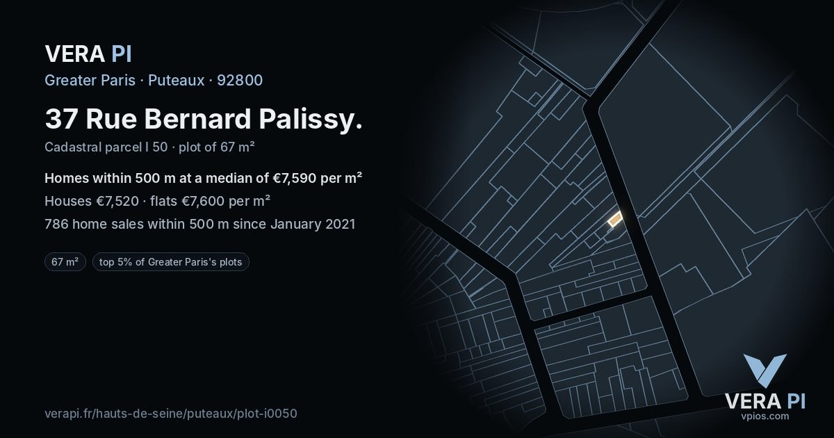 37 Rue Bernard Palissy, Puteaux at night – the plot lit, the parcels around coloured by the prices near them