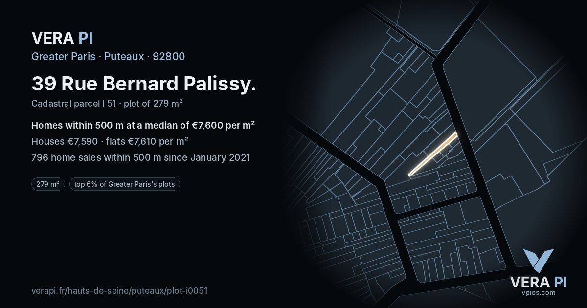 39 Rue Bernard Palissy, Puteaux at night – the plot lit, the parcels around coloured by the prices near them