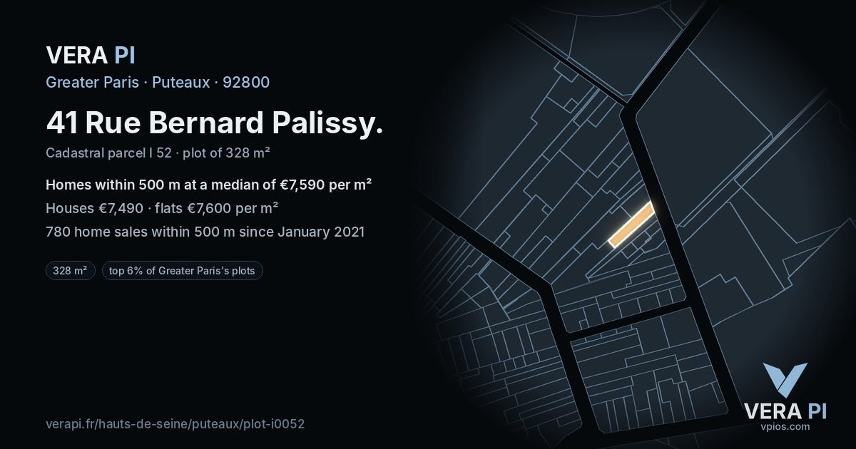 41 Rue Bernard Palissy, Puteaux at night – the plot lit, the parcels around coloured by the prices near them