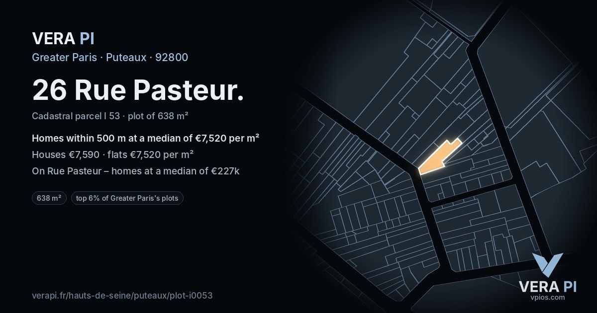 26 Rue Pasteur, Puteaux at night – the plot lit, the parcels around coloured by the prices near them