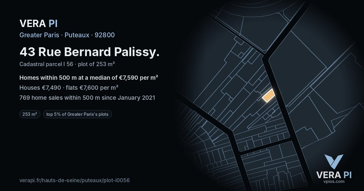 43 Rue Bernard Palissy, Puteaux at night – the plot lit, the parcels around coloured by the prices near them