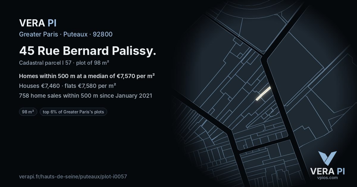 45 Rue Bernard Palissy, Puteaux at night – the plot lit, the parcels around coloured by the prices near them