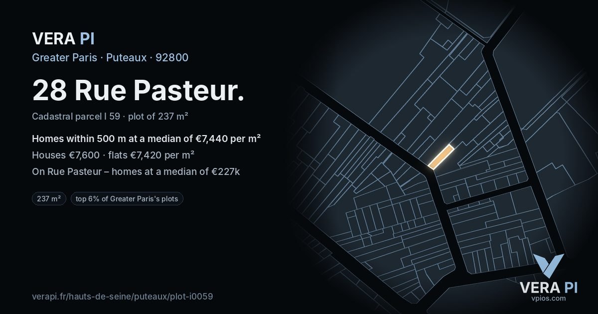 28 Rue Pasteur, Puteaux at night – the plot lit, the parcels around coloured by the prices near them