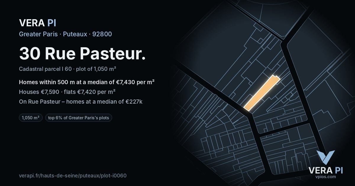 30 Rue Pasteur, Puteaux at night – the plot lit, the parcels around coloured by the prices near them