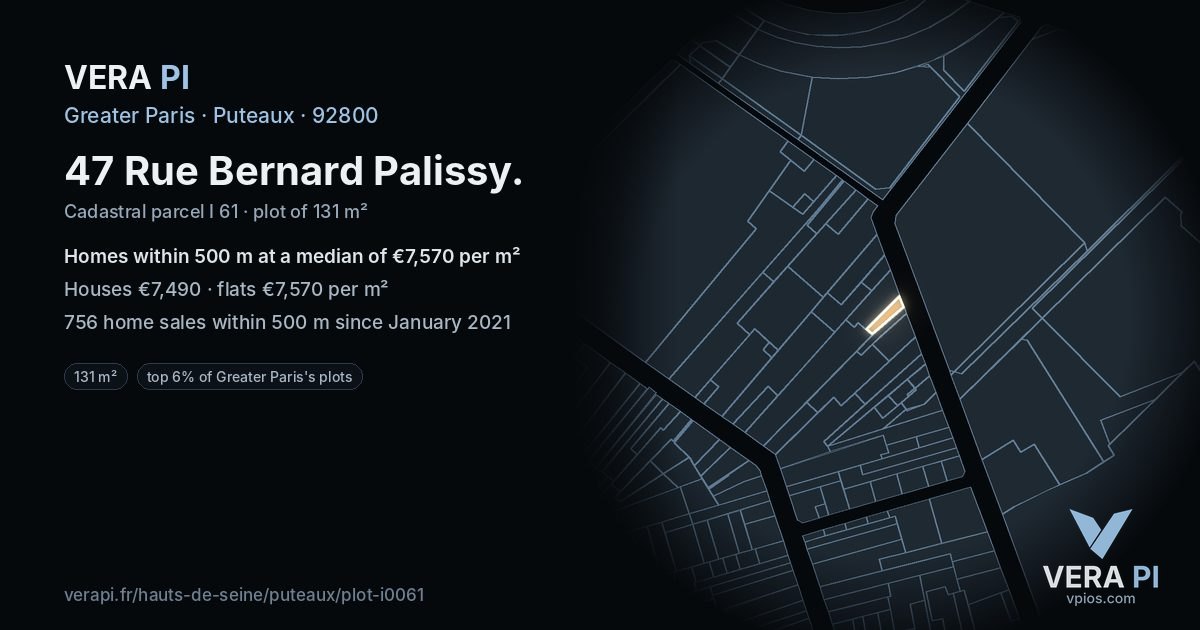 47 Rue Bernard Palissy, Puteaux at night – the plot lit, the parcels around coloured by the prices near them