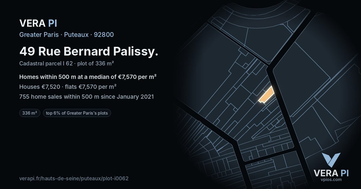 49 Rue Bernard Palissy, Puteaux at night – the plot lit, the parcels around coloured by the prices near them