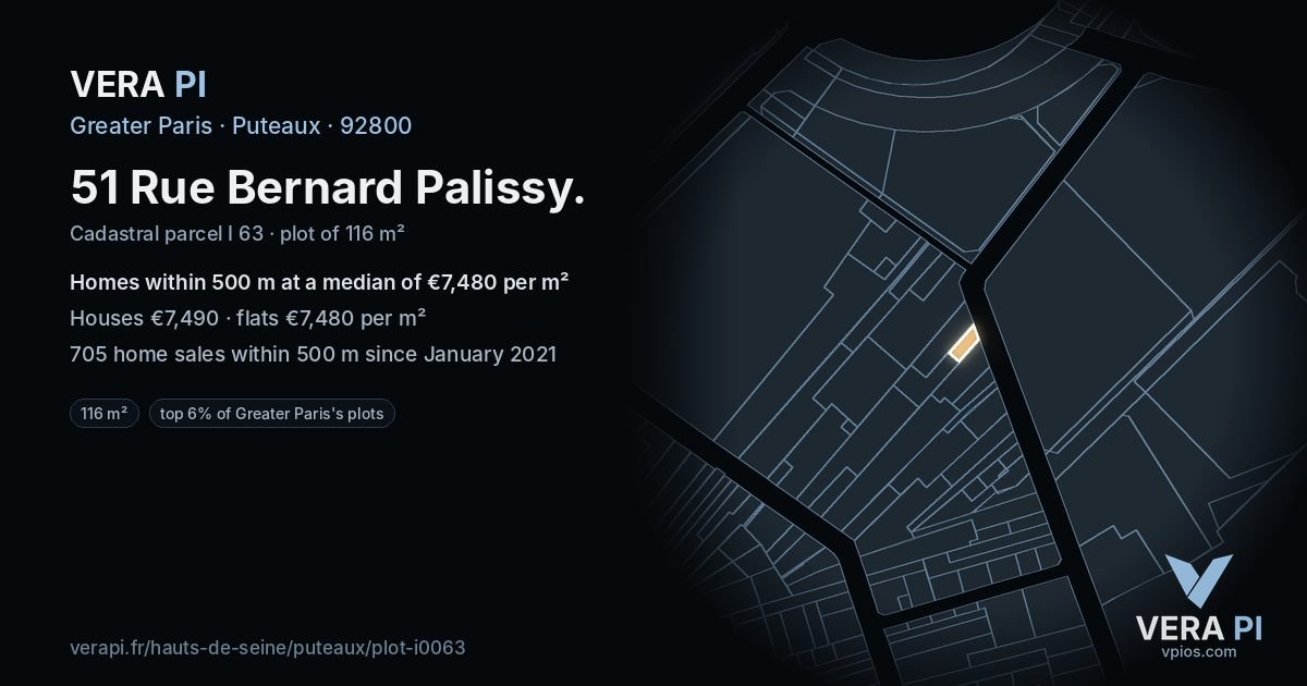 51 Rue Bernard Palissy, Puteaux at night – the plot lit, the parcels around coloured by the prices near them