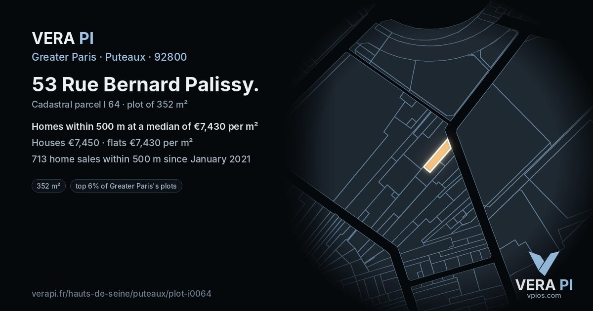 53 Rue Bernard Palissy, Puteaux at night – the plot lit, the parcels around coloured by the prices near them