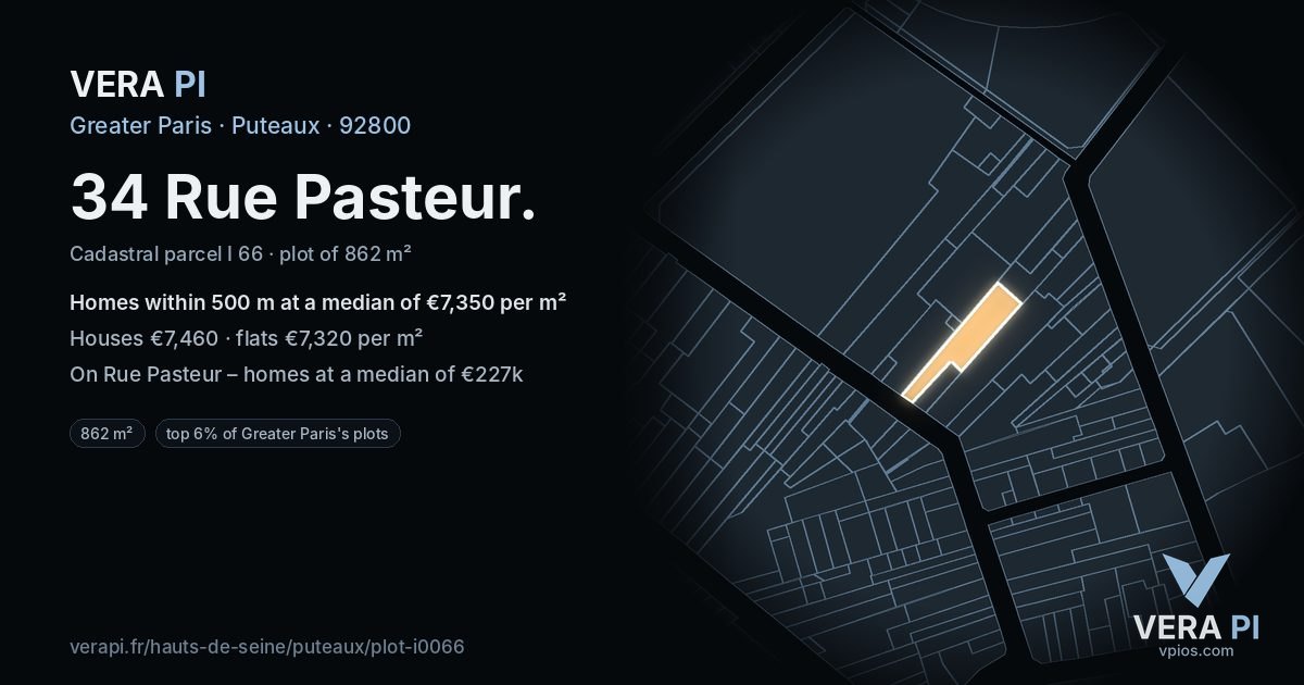 34 Rue Pasteur, Puteaux at night – the plot lit, the parcels around coloured by the prices near them